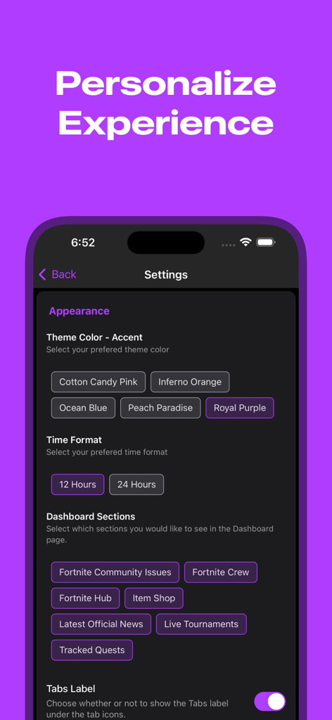FNTrack - FN Companion App - Pantalla de configuración de la app FNTrack mostrando el color del tema y la personalización del panel
