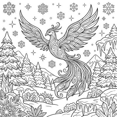 Embark on a magical coloring journey with this stunning Spirit Phoenix soaring through a serene winter wonderland. This intricate design offers a calming escape, perfect for adults and teens seeking a creative challenge amidst snowy landscapes.