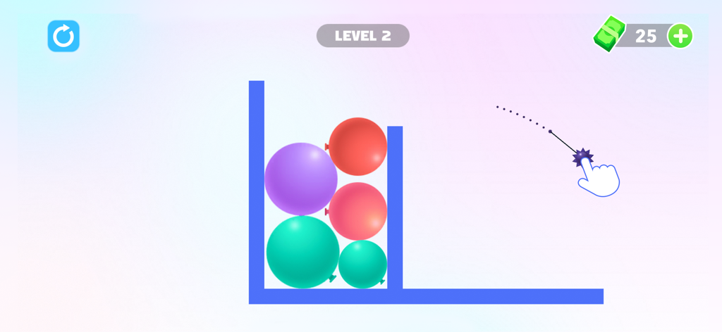 Thorn And Balloons - Captura de tela da jogabilidade de Thorn and Balloons mostrando uma bola de espinhos sendo apontada para um aglomerado de balões coloridos.