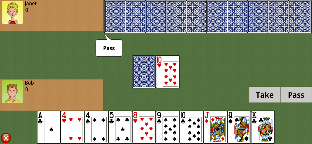 Schermata di gioco dell'app JJPlay Gin Rummy che mostra una partita di carte tra due giocatori.