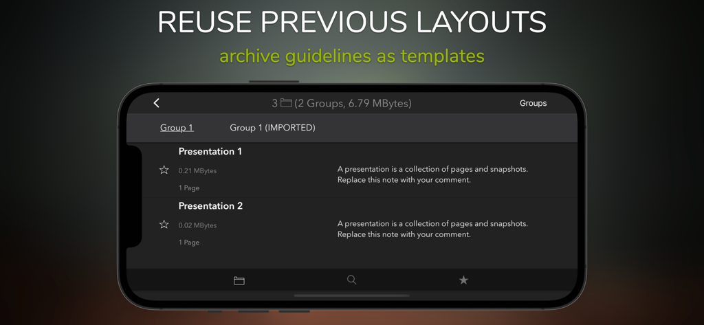 Perfect+ for Presentations - Interfaz de una aplicación móvil para gestionar y reutilizar diseños y plantillas de presentación