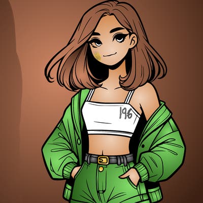 a realistic girl with a crop top and short shorts in an open jacket