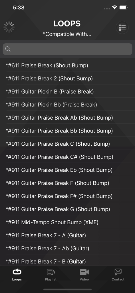XME LOOPS - XME LOOPS app screen showing a list of praise break and guitar music loops