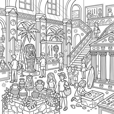 Step into a world where ancient history meets summer fun with this unique coloring page! Explore an archaeology museum filled with fascinating artifacts, all while enjoying a delightful summer vacation theme.