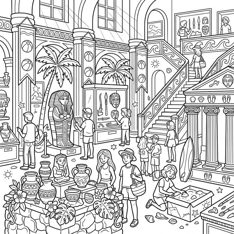 Step into a world where ancient history meets summer fun with this unique coloring page! Explore an archaeology museum filled with fascinating artifacts, all while enjoying a delightful summer vacation theme.