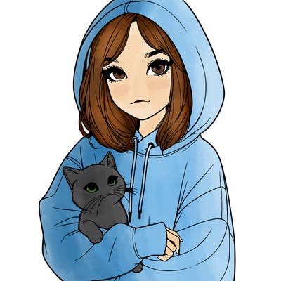 a realistic girl wearing a baggy hoodie and holding a cat