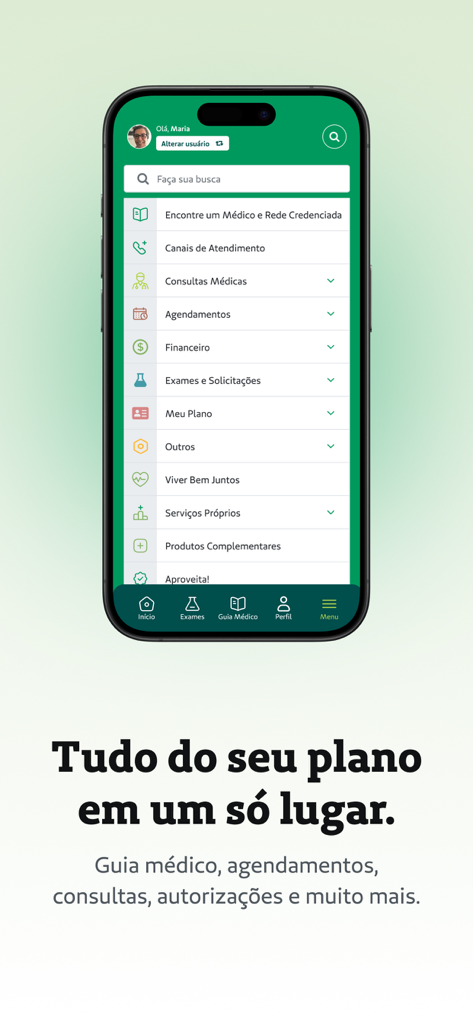 Unimed POA - Unimed POA mobile app interface showing the main menu with healthcare services like medical guide, scheduling, and exam results.