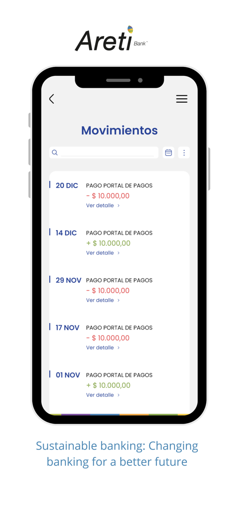 Areti Mobile - Écran de l'application bancaire Areti Mobile affichant l'historique des transactions et le slogan de la banque durable.