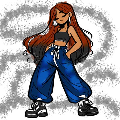 girl in baggy pants crop top and long hair