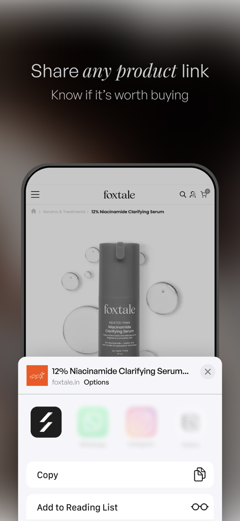 Flash.co | AI-Powered Shopping - Interfaz móvil que muestra cómo compartir un enlace de producto a la aplicación Flash.co para comprobar si vale la pena comprarlo.