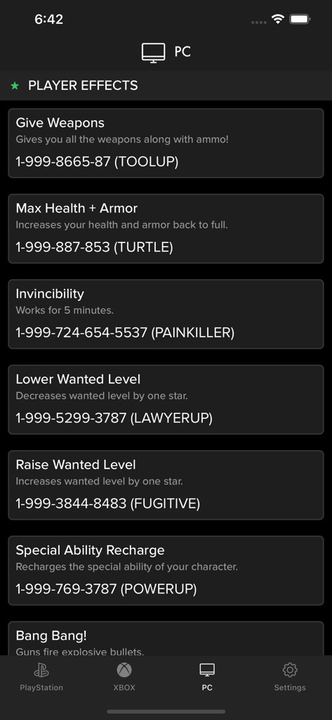 GTA 5のPC用チートコードのリスト、武器や体力などのプレイヤー効果が表示されたもの