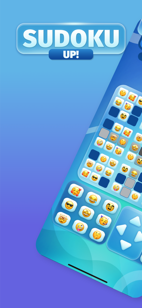 Interface do aplicativo móvel Sudoku Up mostrando uma grade de quebra-cabeça lógico usando símbolos de emoji em vez de números.
