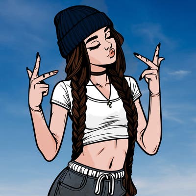 realistic teenage girl with braids and a beanie and crop top doing 🫶🏼