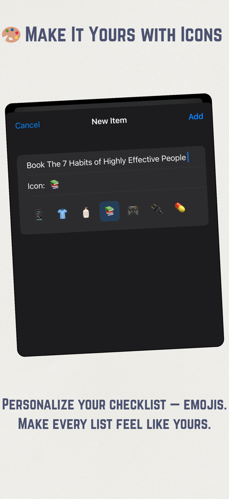 Interface mostrando como personalizar um item da lista de bagagem com ícones de emoji no aplicativo TripList