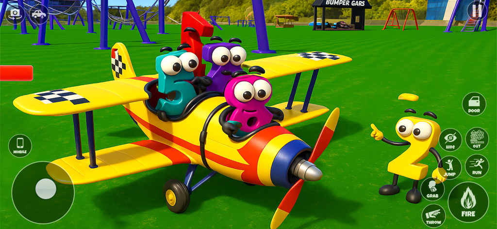 Personnages numériques cartoon assis dans un biplan jaune sur un champ vert dans Number Toons Crime City