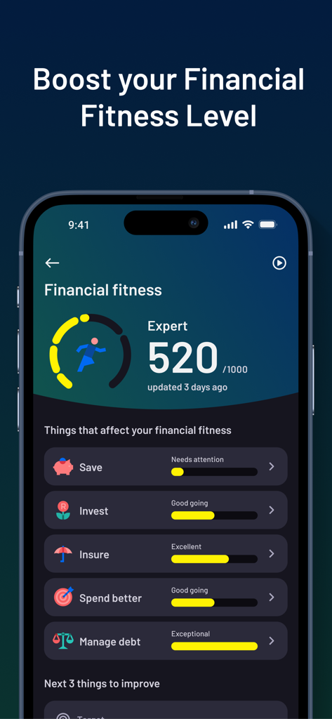 Vault22 - Vault22 mobile app interface displaying a gamified financial fitness score and category progress for savings and debt management.