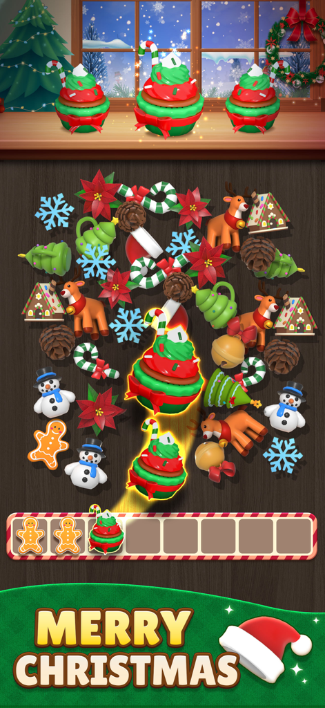 Un nivel de rompecabezas temático de Navidad en la aplicación Match Triple 3D con objetos festivos como hombres de jengibre y cupcakes.