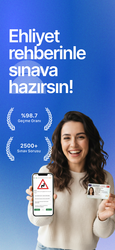 Ehliyet Rehberi Sınav Soruları - A smiling woman holding a smartphone with the app and a driver's license to promote Turkish driving exam preparation.