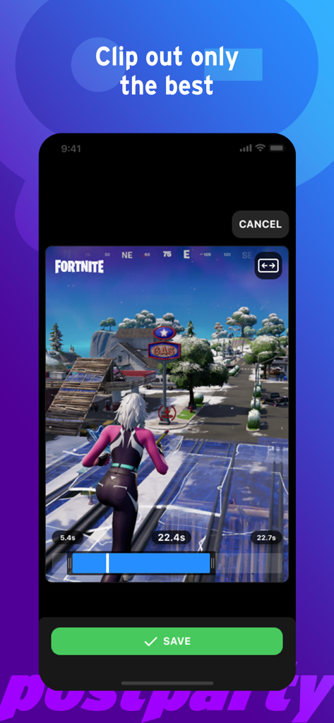 Postparty - Postparty app interface for trimming and saving Fortnite gameplay clips
