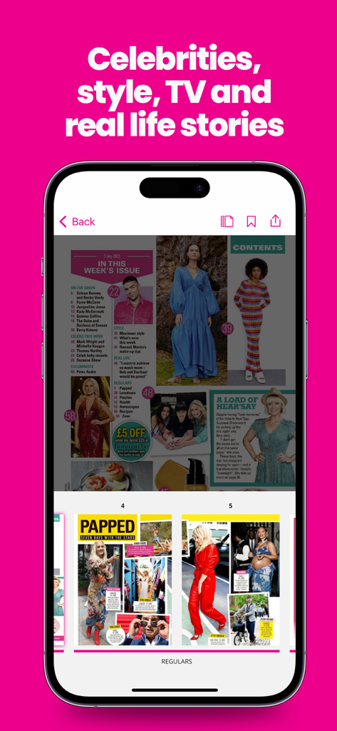 New! Magazine - Smartphone screen showing New Magazine app with celebrity news and style features