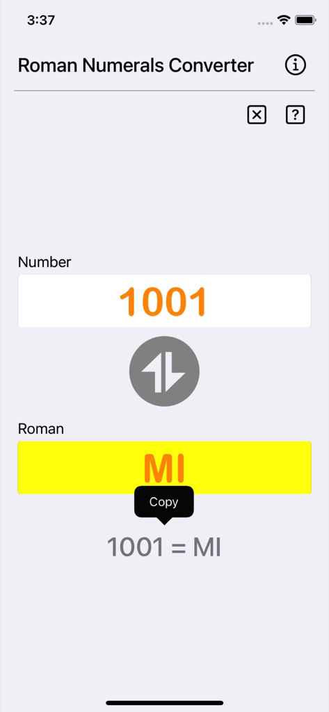 Interface of the Roman Numerals Converter Plus app showing the conversion of the number 1001 to the Roman numeral MI.