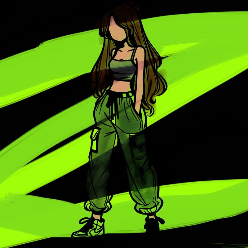 girl in baggy pants crop top and long hair