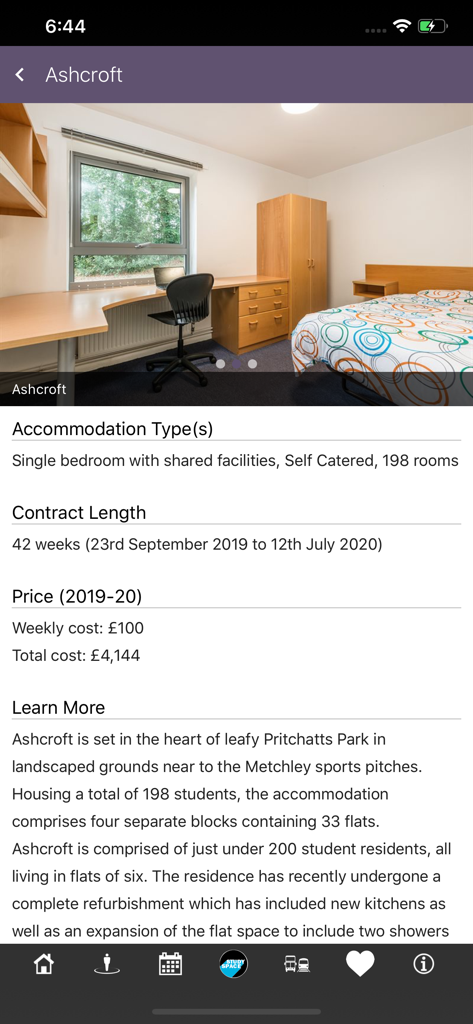 UoB Campus Map - Screenshot of the UoB Campus Map app displaying details for Ashcroft student accommodation including room photo and pricing