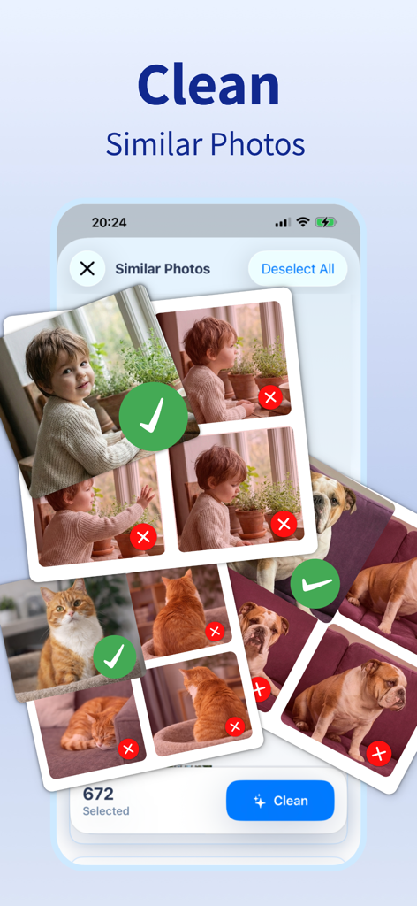 Cleaner AI: Clean Up Storage - Interfaz de la aplicación Cleaner AI mostrando una selección de fotos similares de un niño y mascotas para eliminar