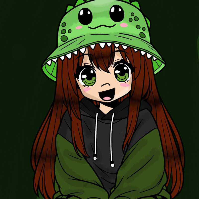 girl with anime shaped eyes with a dinosaur bucket hat oversized sweatshirt long straight hair