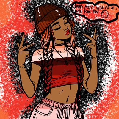 realistic teenage girl with braids and a beanie and crop top doing 🫶🏼