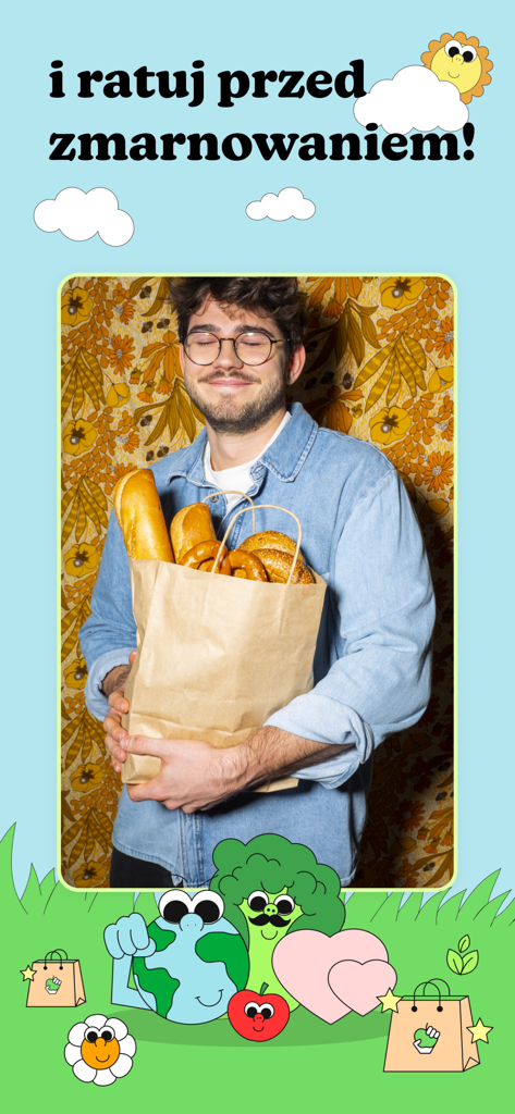 Foodsi: Don’t waste it - A happy young man holding a paper bag filled with bread and pastries rescued from food waste