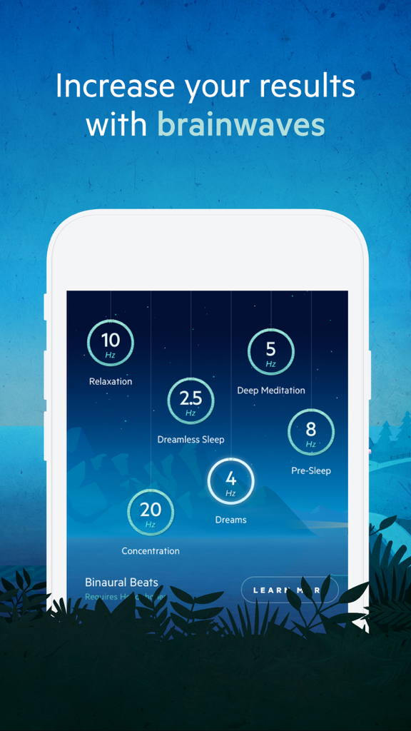 Relax Meditation P: Mindfulness Sounds White Noise - リラクゼーション、深い瞑想、睡眠、集中などのさまざまな脳波周波数選択が表示されたスマートフォンの画面。