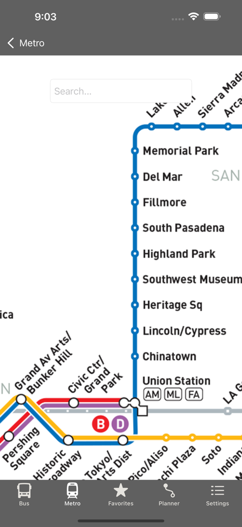 LA Metro and Bus - Los Angeles Metro rail map interface with station names and navigation menu