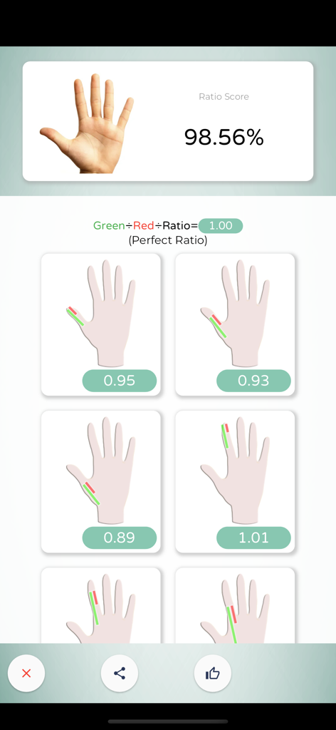 Screenshot of Golden Ratio Pro app showing a hand ratio score of 98.56 percent and detailed finger length analysis