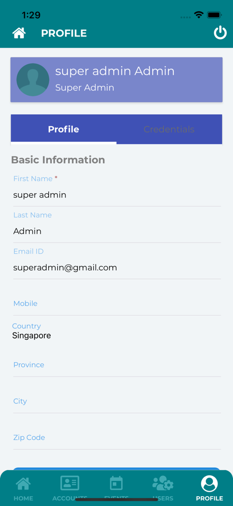 Vision Screening Events App - Página de perfil do Aplicativo de Eventos de Triagem de Visão para gerenciar detalhes do usuário.