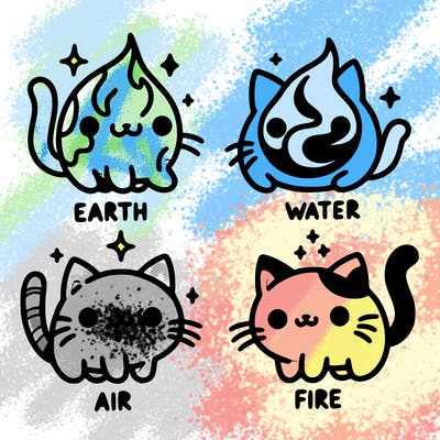 4 cats that represent the different elements, earth, water, air, and fire