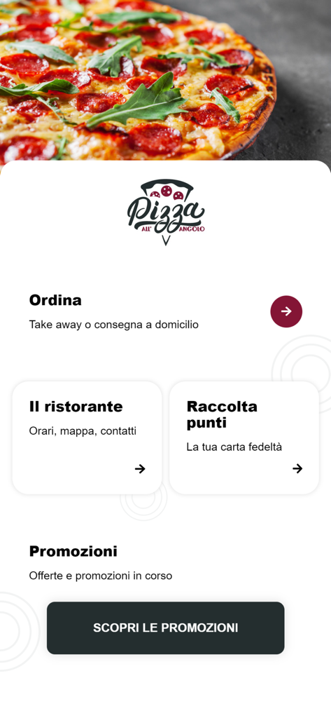 Pizzeria all'Angolo - Home screen of the Pizzeria all'Angolo app showing options for delivery and takeaway