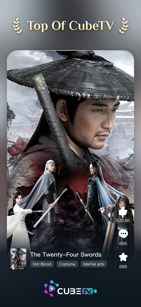 Screenshot of CubeTV app featuring a top rated historical martial arts short drama titled The Twenty-Four Swords.