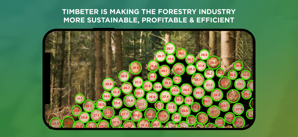 Smartphone screen showing the Timbeter app automatically measuring log diameters in a forest
