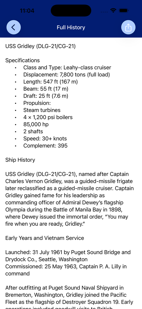 Cruisers of the US Navy - Technical specifications and historical text for the USS Gridley cruiser within the app interface