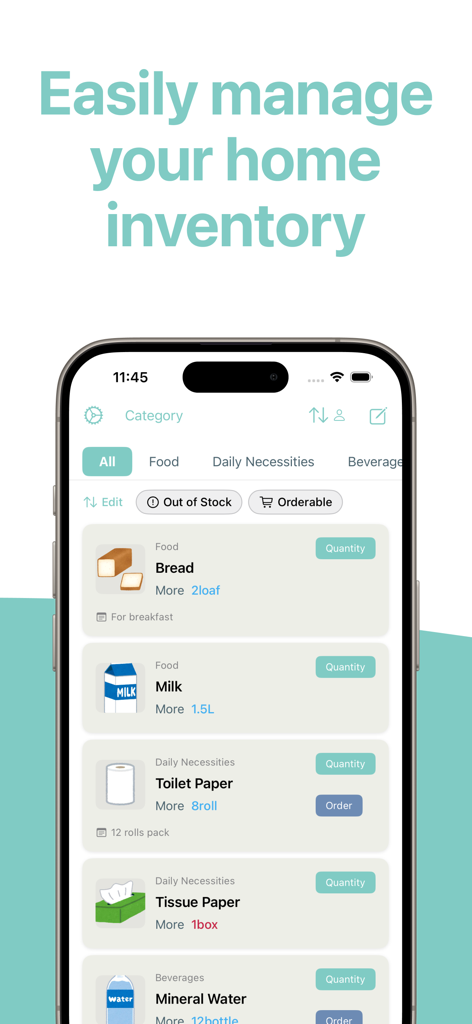 Stockn (inventory management) - Interfaz de la aplicación Stockn que muestra una lista organizada del inventario del hogar para alimentos y artículos de uso doméstico