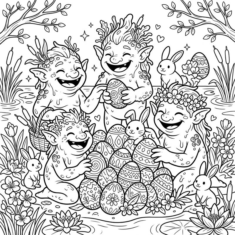 Celebrate Easter with an unexpected and delightful scene featuring cheerful River Trolls and their adorable bunny companions. This unique coloring page brings together fantastical creatures and festive spring fun.