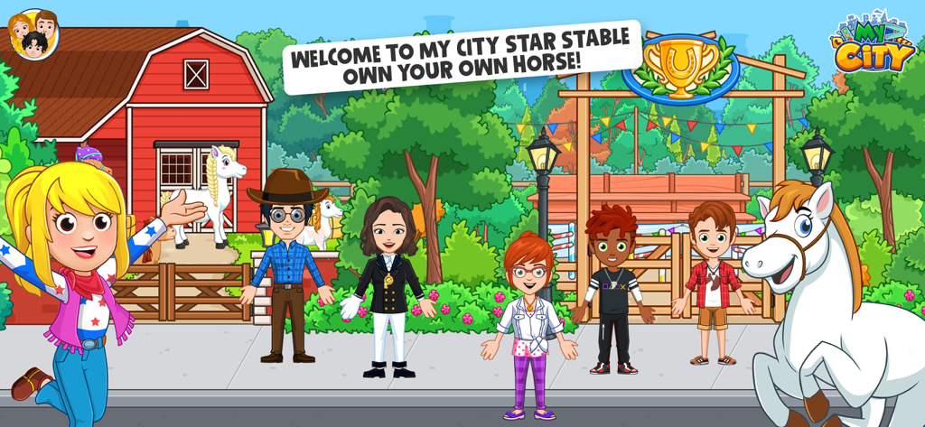 My City: Star Stable Club - Group of children and horses in front of a red barn stable
