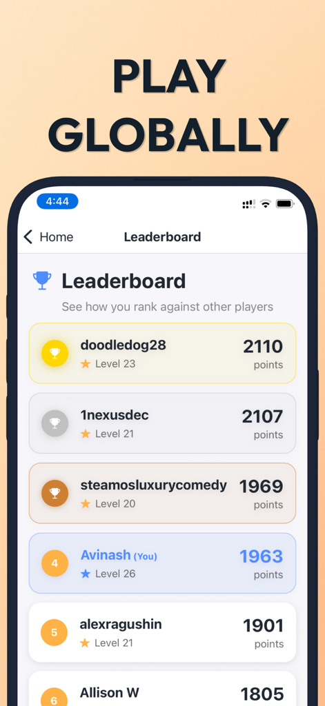 A global leaderboard screen in the Fallacy app showing player rankings levels and point totals