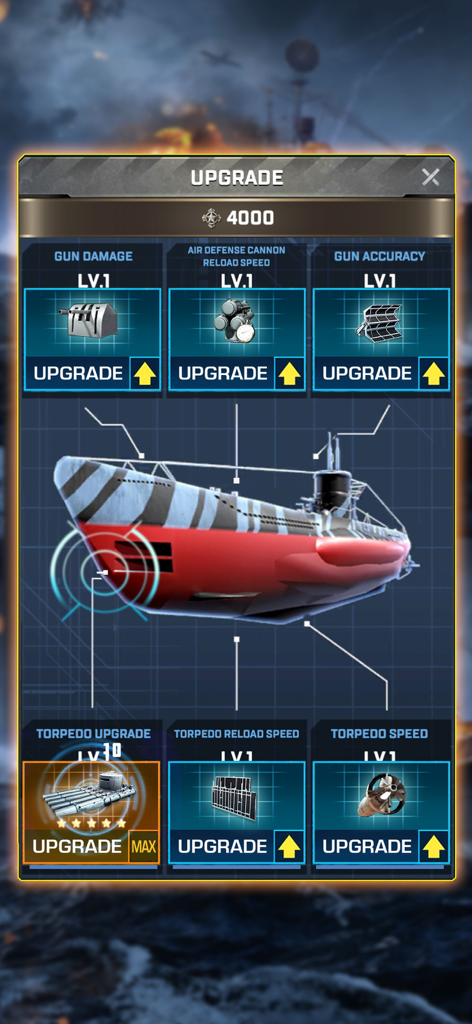 Sea War: Raid - Submarine weapon and system upgrade screen in Sea War Raid