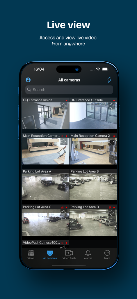 Interface de l'application XProtect Mobile affichant une grille en direct de huit flux de caméras de sécurité sur un iPhone.