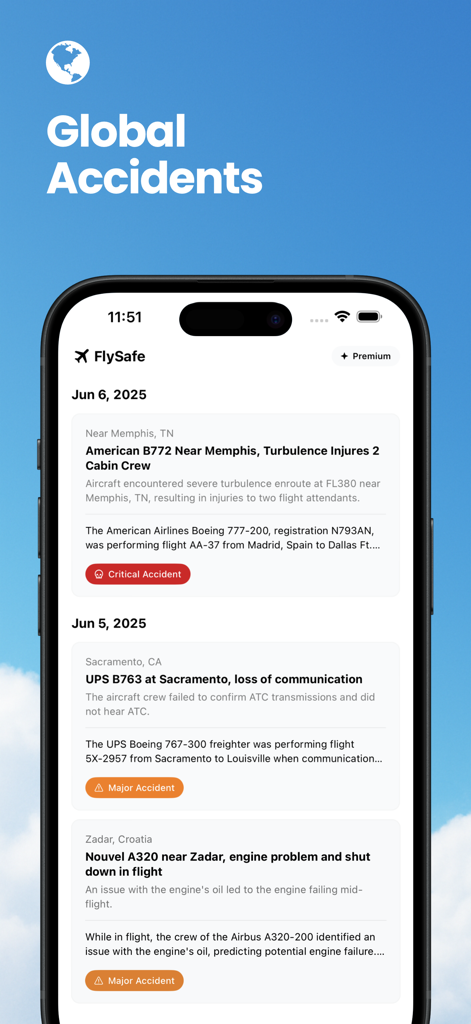 L'application FlySafe affichant un flux d'accidents aéronautiques et d'incidents de vol mondiaux récents.
