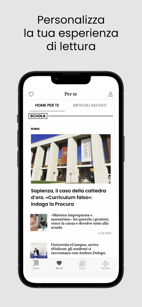 Personalized news feed in the Il Messaggero app displaying articles about Sapienza University and Italian schools