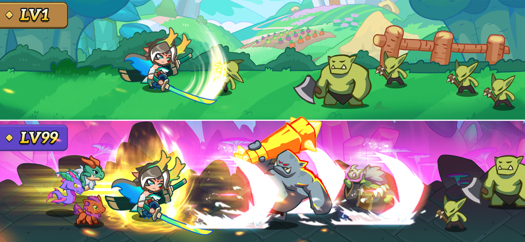 Monster Slayer Offline RPG - Level 1 vs Level 99 hero progression comparison in Monster Slayer game