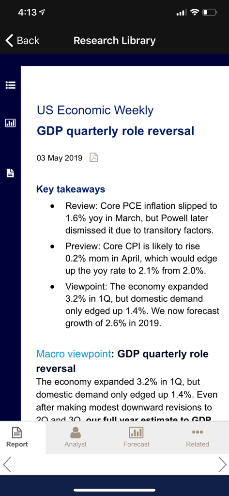 Bildschirm der Bank of America Research Library App, der einen US Economic Weekly Bericht zeigt
